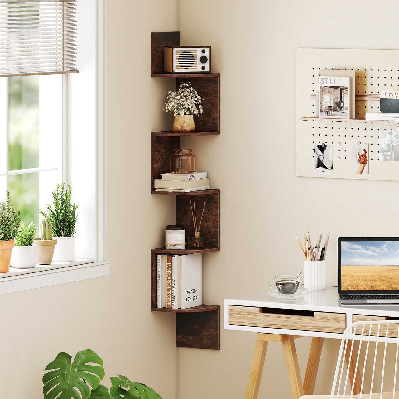 Space-Saving 5-Tier Corner Shelf Wall Mounted Bookshelf with Storage Solution